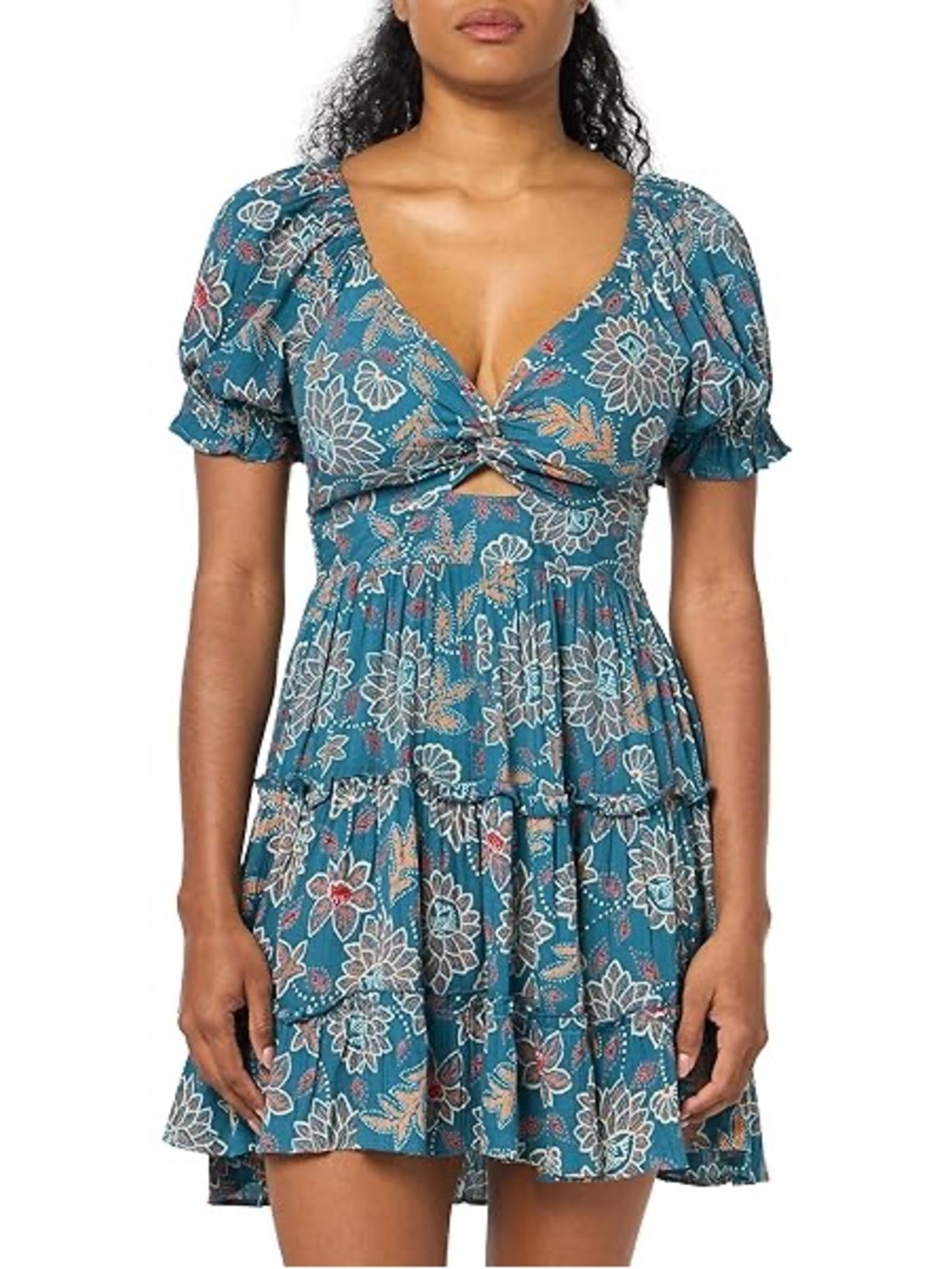 Angie Women's Printed Puff Sleeve Twist Front Peekaboo Cutout Dress, Lagoon,...